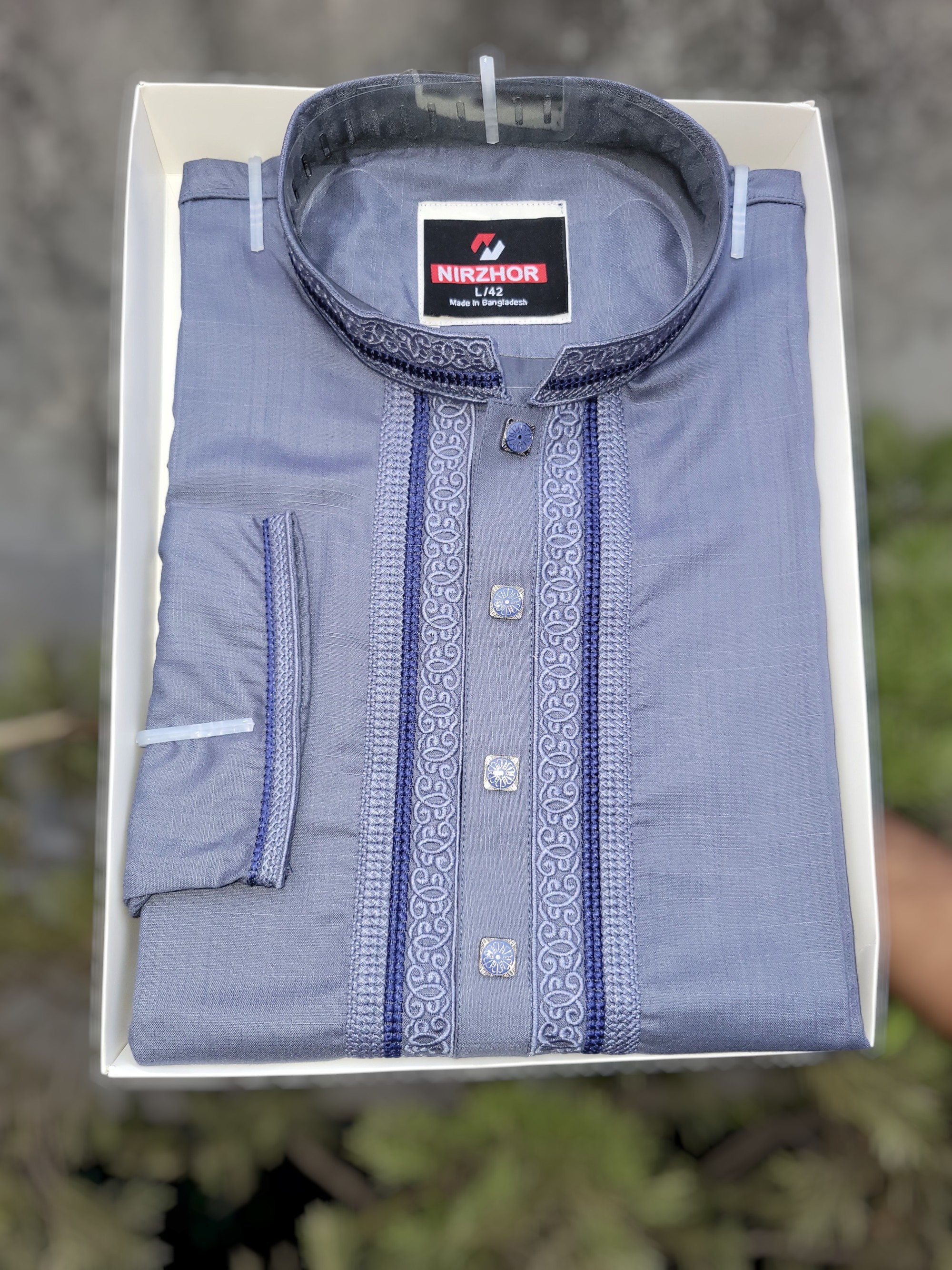 Premium Steel Blue Embroidered Punjabi for Men